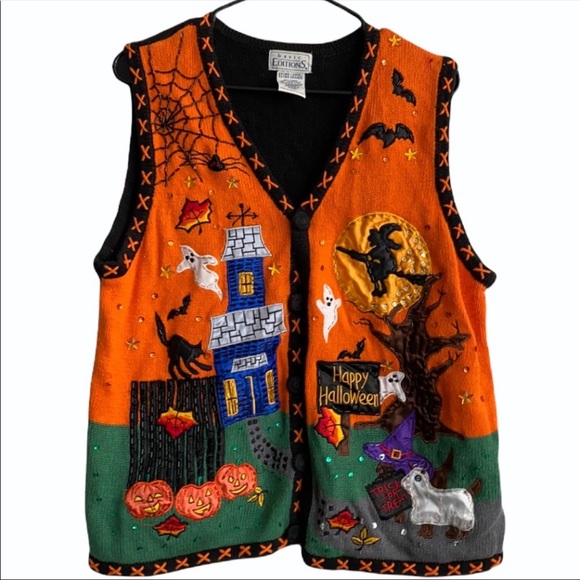 Basic Editions Sweaters - Basic Editions Halloween Pumpkin Ghost Vest Sz XL
